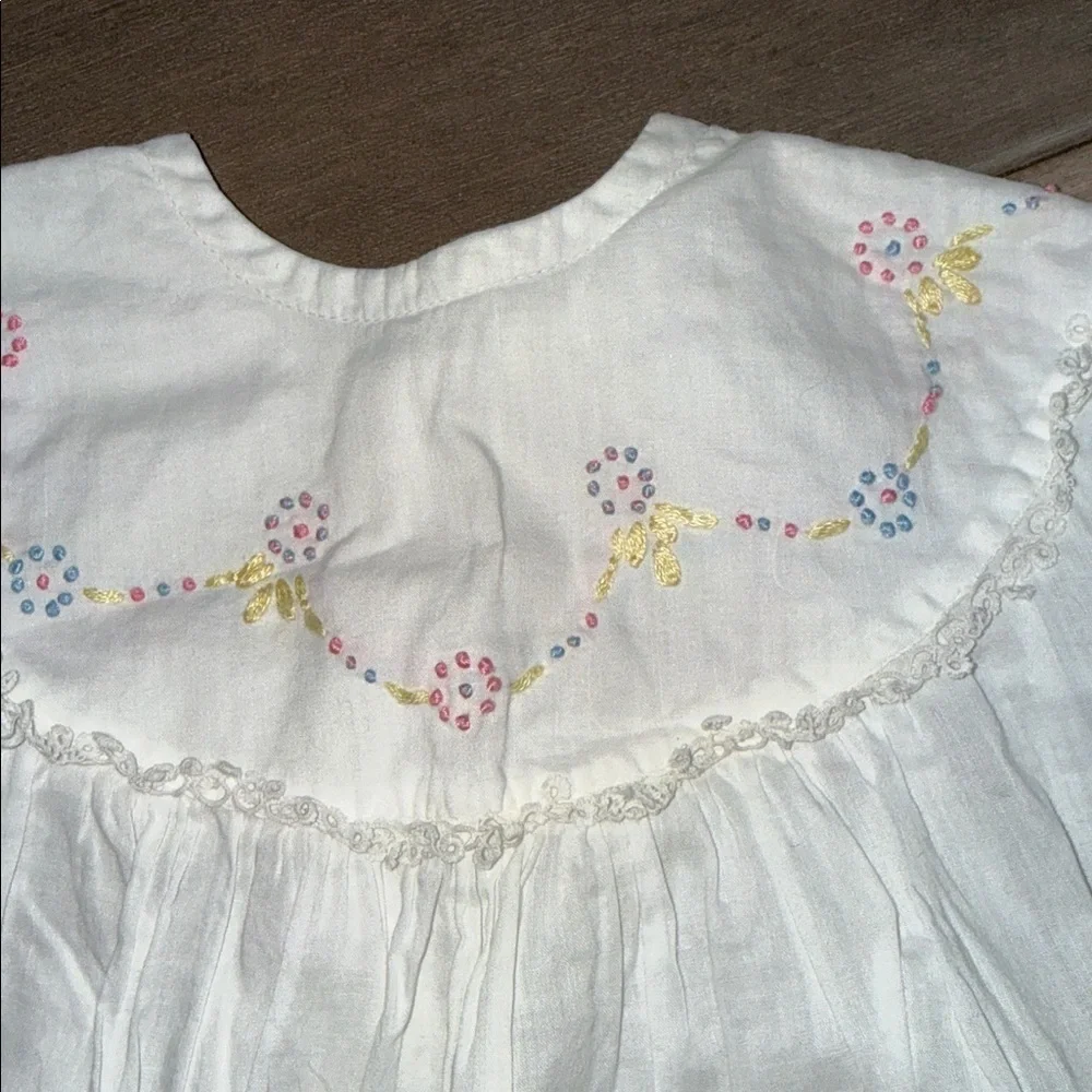 Vintage Handmade Embroidered Baby Dress White Cotton Heirloom Gown